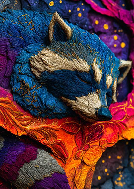 Sleeping Raccoon Textured Blue Gold