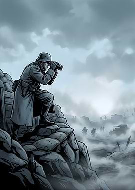 Soldier with binoculars on battlefield