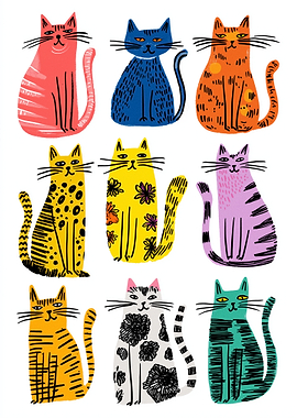 Collection of Nine Illustrated Cats