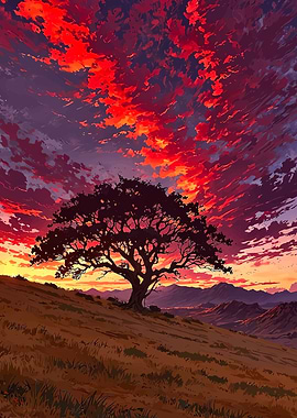 Silhouette of a tree against a dramatic sunset