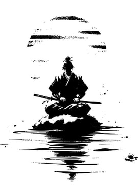 Samurai meditating by the water