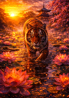 Tiger in a Lotus Pond at Sunset