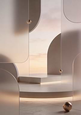 Abstract Geometric Scene with Golden Spheres