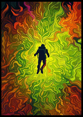 Astronaut floating in colorful cosmic clouds