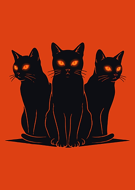 Three Black Cats with Glowing Eyes