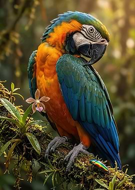 Blue-and-yellow Macaw with Orchid