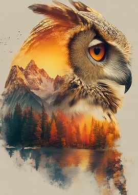 Double exposure owl and mountain landscape