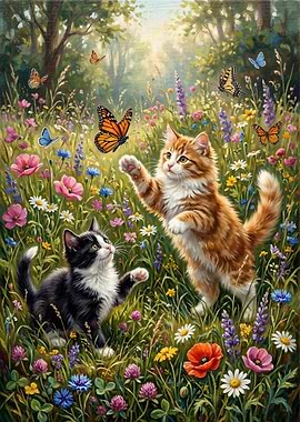Kittens Playing with Butterflies in a Meadow