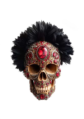 Ornate Jeweled Skull with Black Feathers