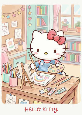 Hello Kitty painting a rainbow