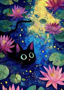 Black Cat in a Lily Pond