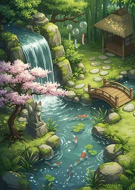 Tranquil Japanese Garden with Waterfall and Koi Pond