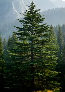 Majestic Cedar Tree in Misty Mountains