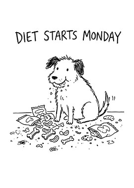 Dog eating snacks, diet starts Monday