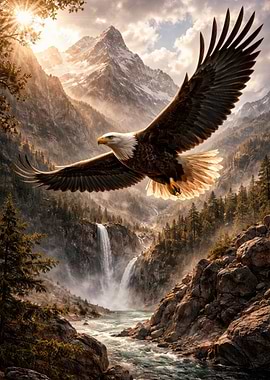 Majestic Eagle Soars Over Mountain Waterfall
