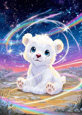 Cute White Bear Under Rainbow Stars