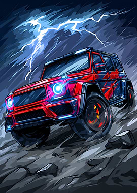 Off-road SUV in a lightning storm