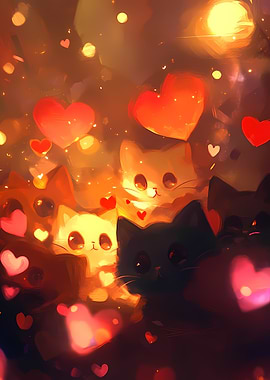 Cute Kittens Surrounded by Hearts
