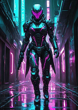 Neon Armored Sentinel — Cyberpunk Warrior in a Rainy Alley