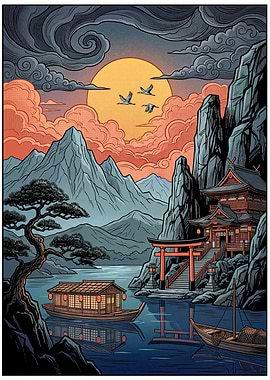 Serene Japanese Lakeside Temple at Sunset