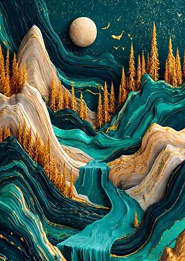 Abstract Teal Mountains Gold Waterfall