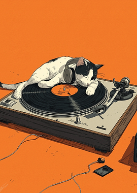 Cat Listening to Music on Turntable