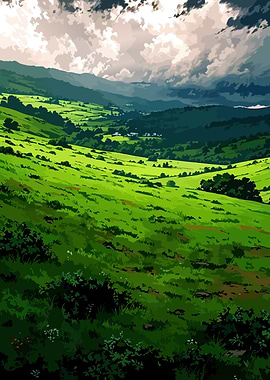 Lush Green Valley Under Dramatic Sky