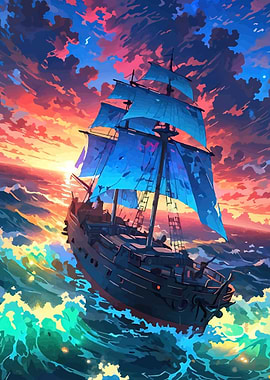 Pirate Ship Sailing at Sunset