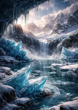 Frozen Waterfall in a Mountain Cave