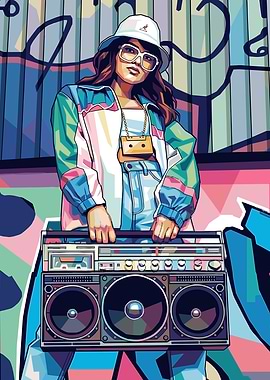 Retro Boombox Girl with Graffiti Background