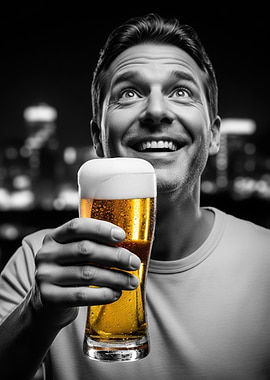 Man holding a beer with city background