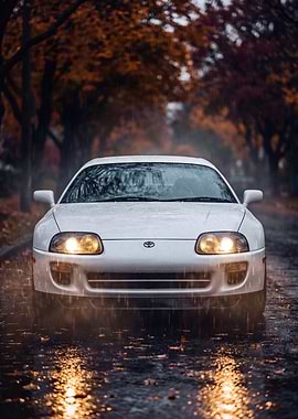 White Toyota Supra Mk4 in the Rain