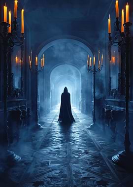 Mysterious Figure in a Candlelit Hallway