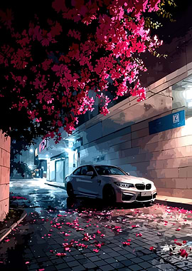 Car parked under blooming trees at night