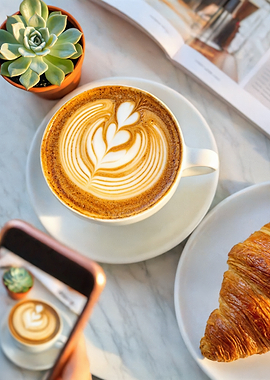 Coffee, Croissant, and Succulent