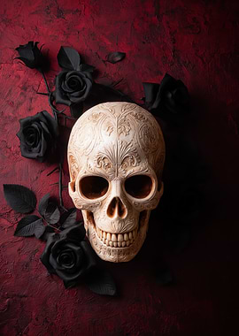 Ornate Skull with Black Roses