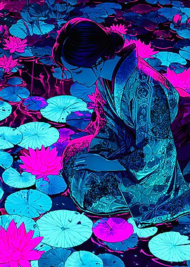 Neon Kimono Woman Lotus Pond