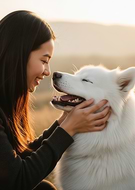 Woman and dog in golden hour