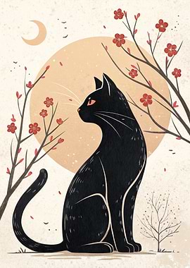 Black Cat with Cherry Blossoms