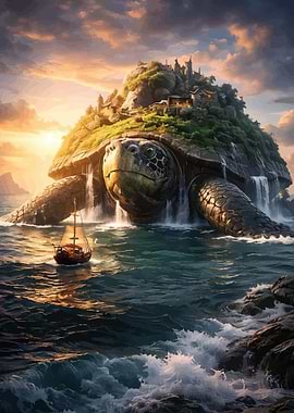 Giant Turtle Island with Village and Ship