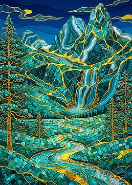 Emerald Mountain Landscape with Waterfall