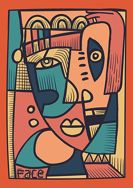Abstract Cubist Face with Bold Colors