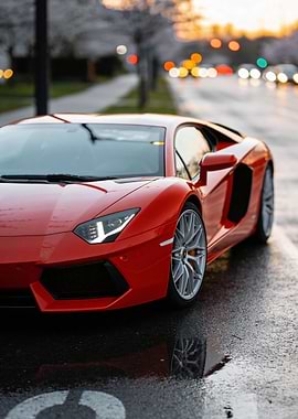 Red Lamborghini Aventador on Wet Road
