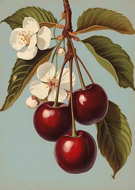 Cherry Blossoms and Cherries on a Branch
