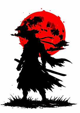 Samurai Silhouette Under Red Moon