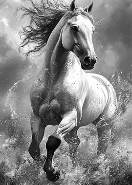 Majestic White Horse Galloping Through Water