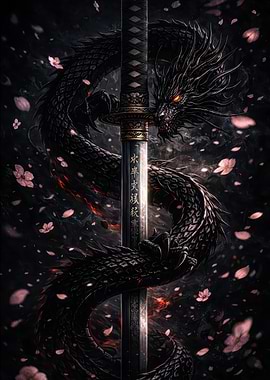 Dragon and Katana with Cherry Blossoms