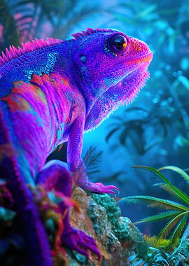 Vibrant Chameleon in Bioluminescent Jungle