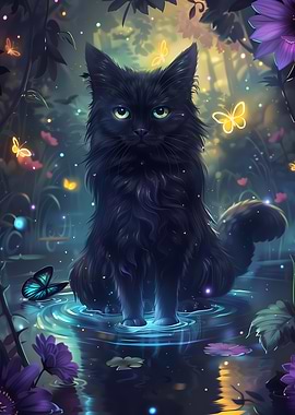 Enchanting Black Cat in a Magical Forest Pond