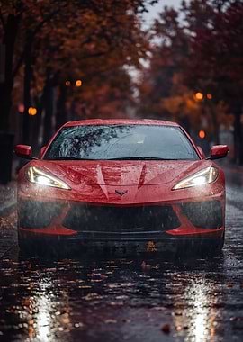 Red Corvette in Autumn Rain